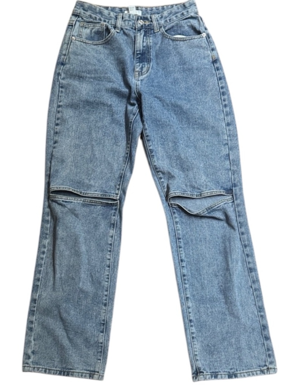 Forever 21 Light Wash Straight Leg Jeans Cut Out Knee Distressed Size 26 - Picture 2 of 6
